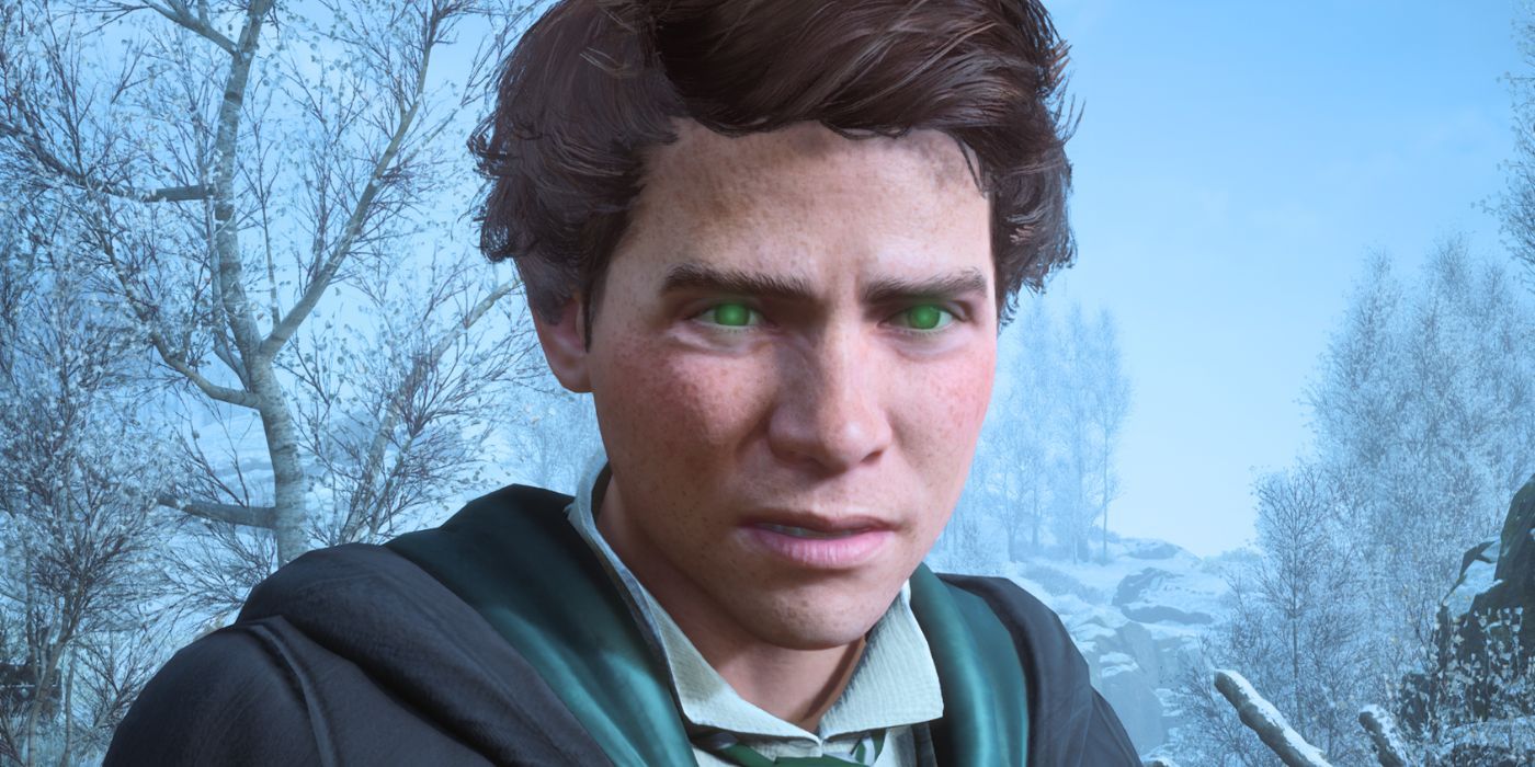 Sebastian Sallow casting the Imperio curse in Hogwarts Legacy. His eyes are glowing bright green.