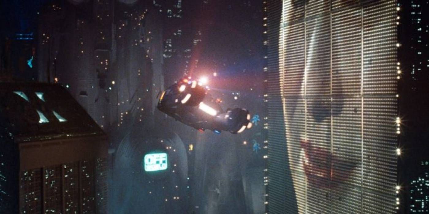 The futuristic LA skyline in Blade Runner