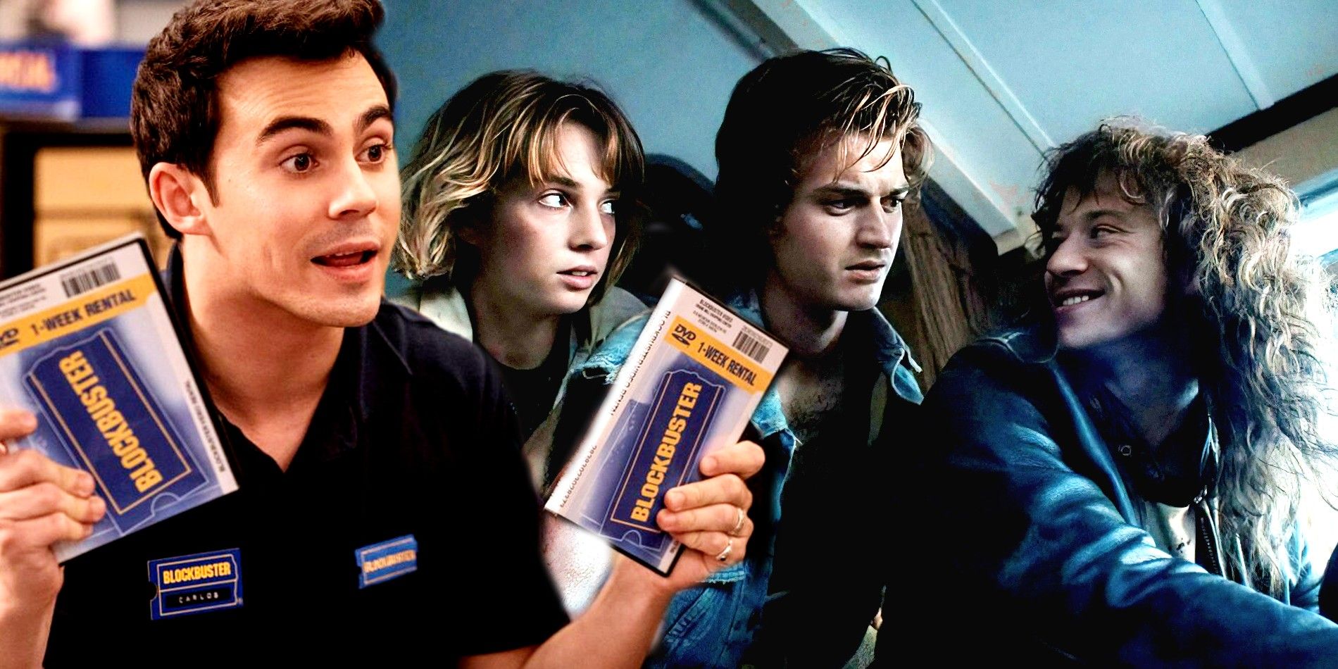 Blended image of a blockbuster worker holding DVDs and Eddie smiling at Robin and Steve in Stranger Things