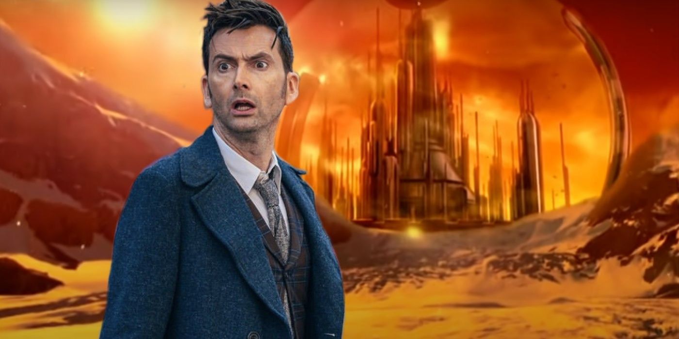 Image mélangée de David Tennant en tant que quatrième docteur et Gallifrey en arrière-plan de Doctor Who