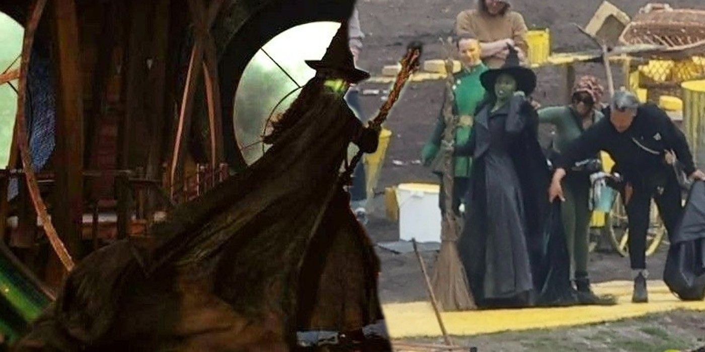 The Wicked Witch Takes Flight On Her Broomstick In Wicked Movie Set Photos