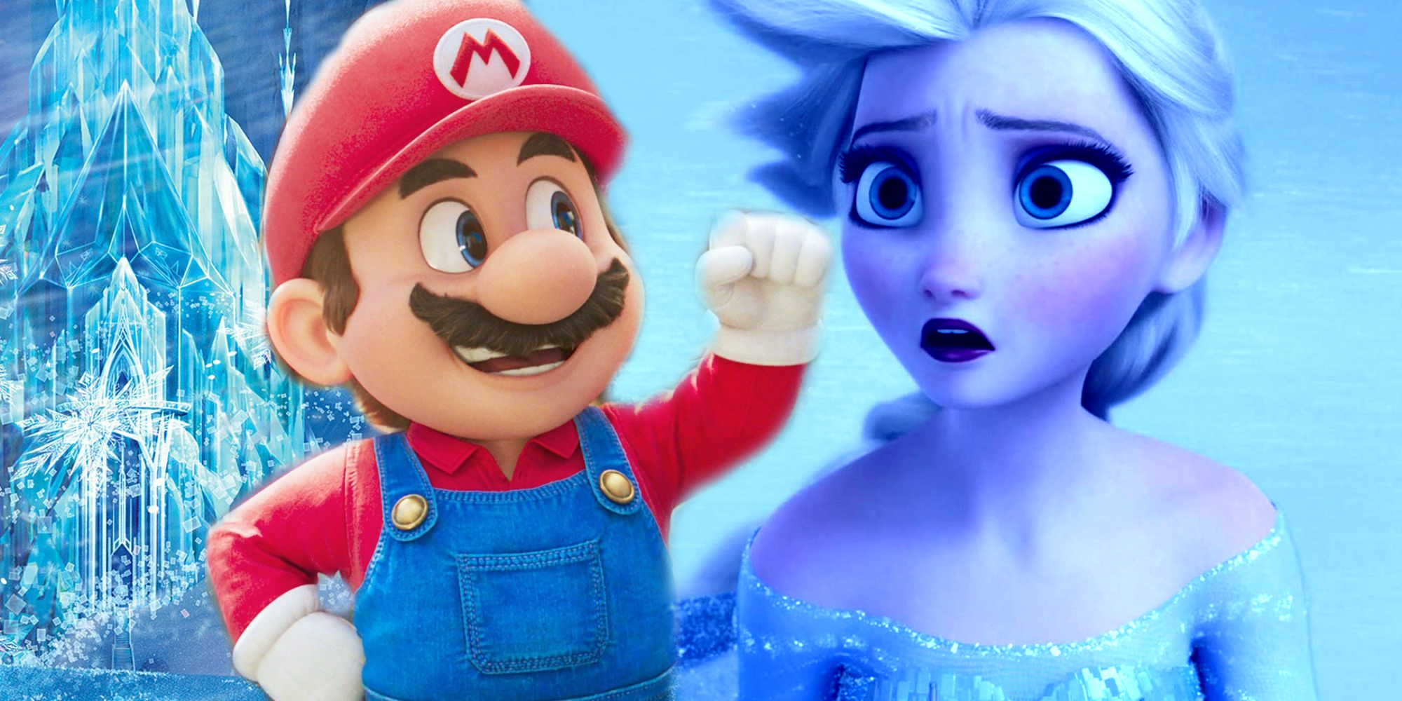 Blended image of Elsa shocked in Frozen and Mario with his fist up in The Super Mario Bros Movie