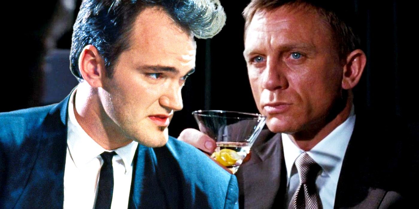 Blended image of Quentin Tarantino from Pulp Fiction and James Bond holding a martini in Casino Royale