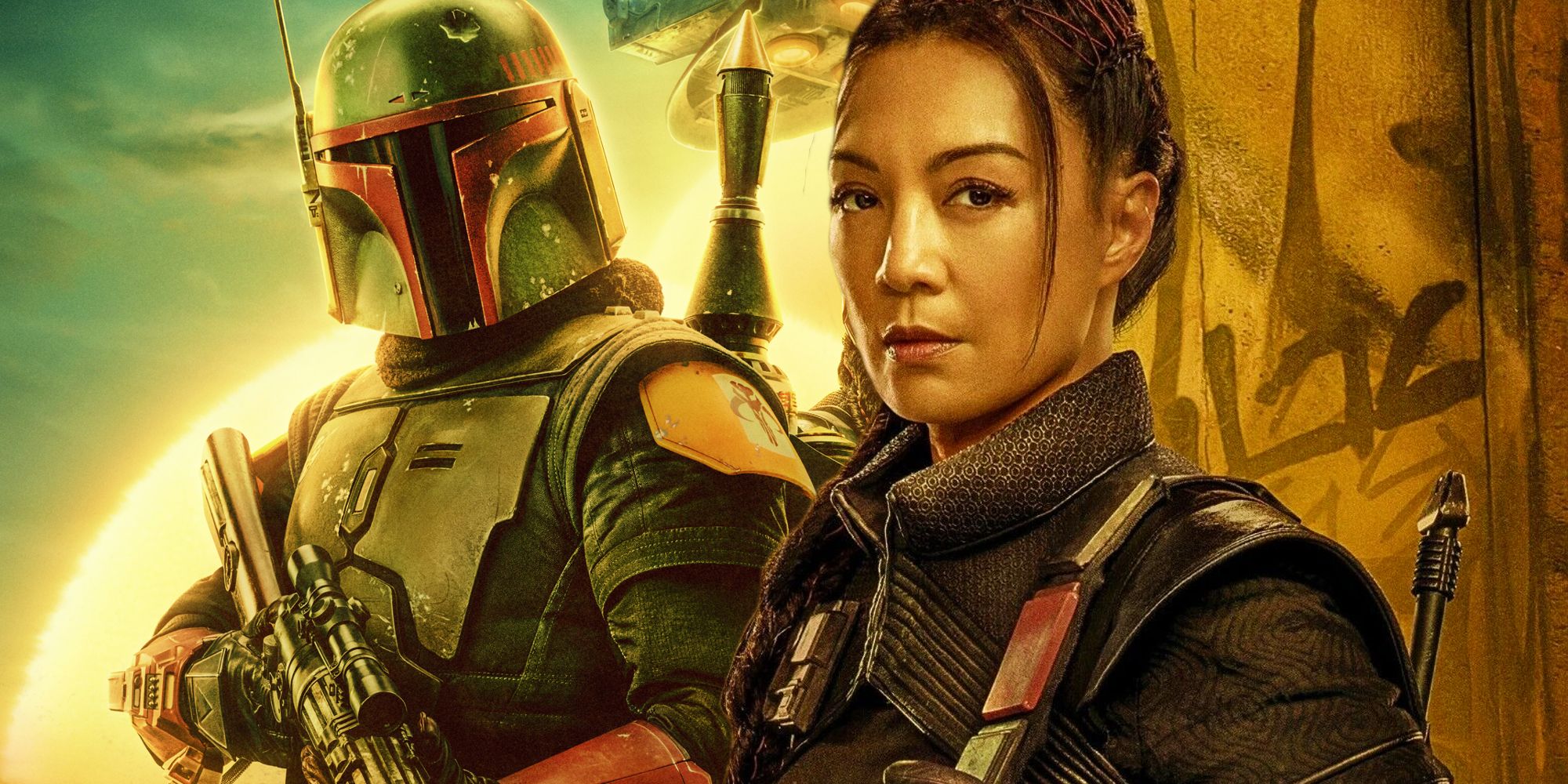 The poster for The Book of Boba Fett next to Ming-Na Wen as Fennec Shand
