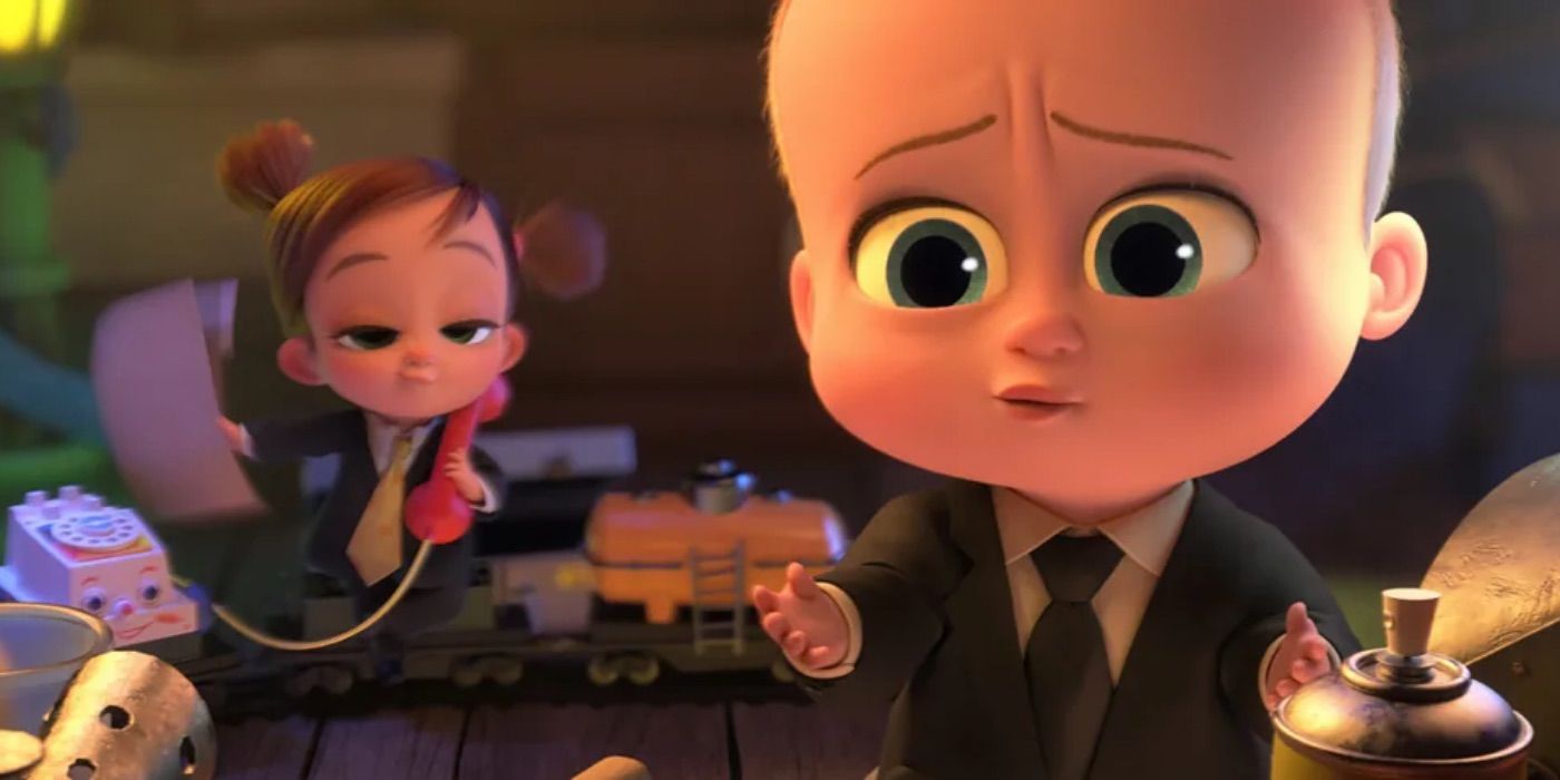 The Boss Baby talks while his sister looks on 