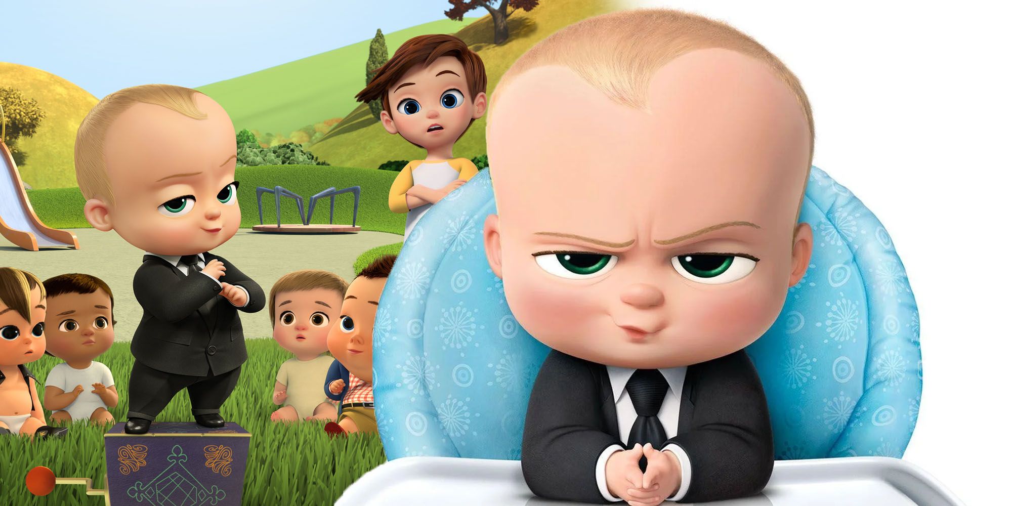 Blended image of the Boss Baby smiling from his crib and smiling in front of his friends