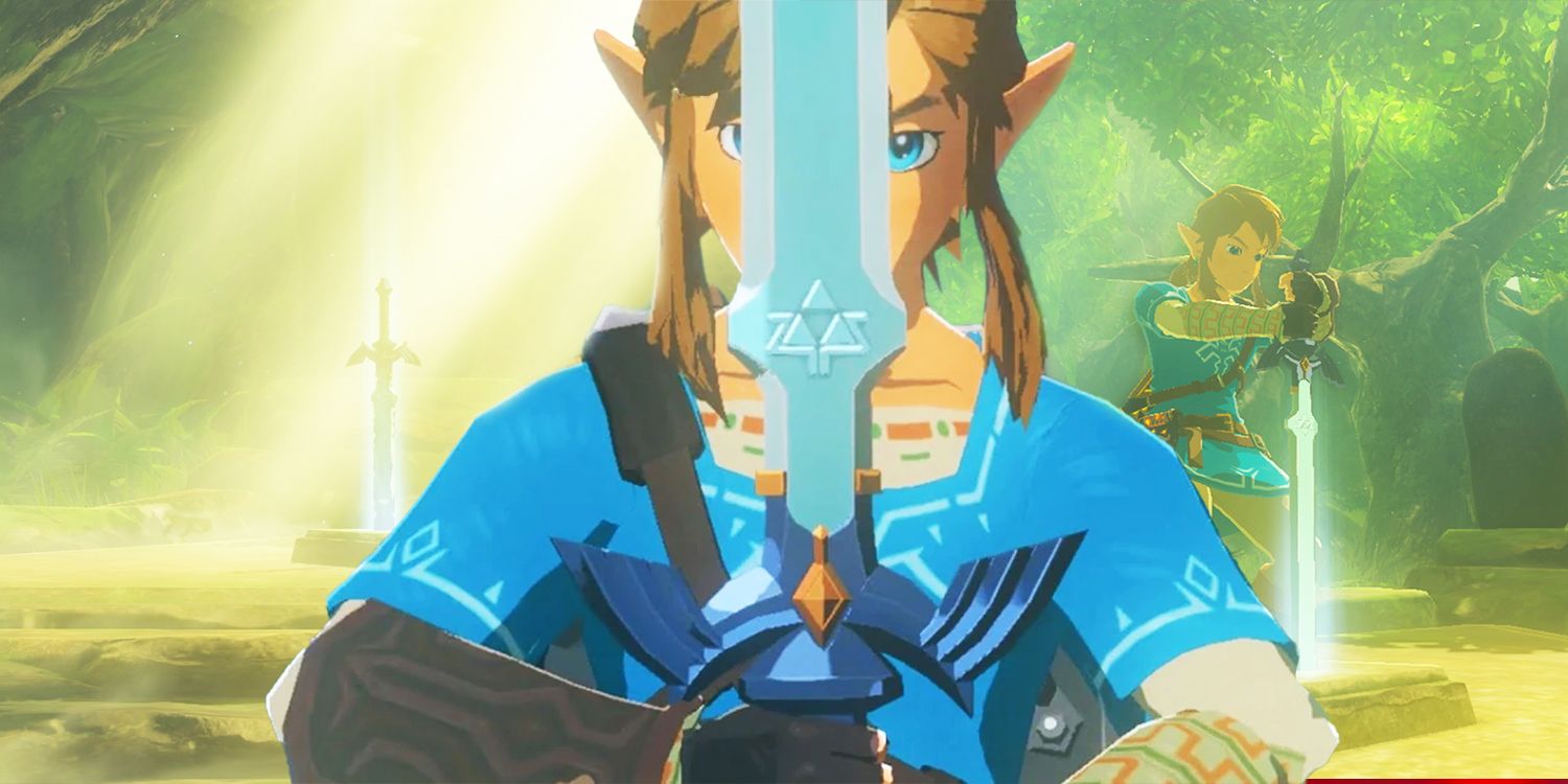 In the foreground, Breath of the Wild's Link holds the Master Sword pointing upward in front of his face. In the background, Link pulls the Master Sword from its pedestal in the lush Korok Forest.