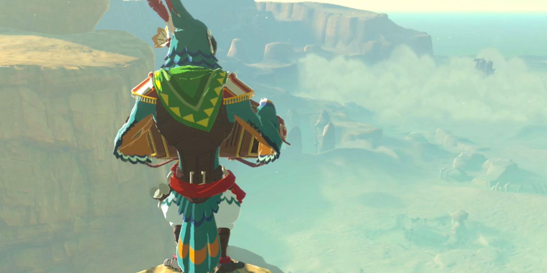 Kass, an Accordion-playing Bird Bard From Breath of the Wild, playing his instrument from a high perch.