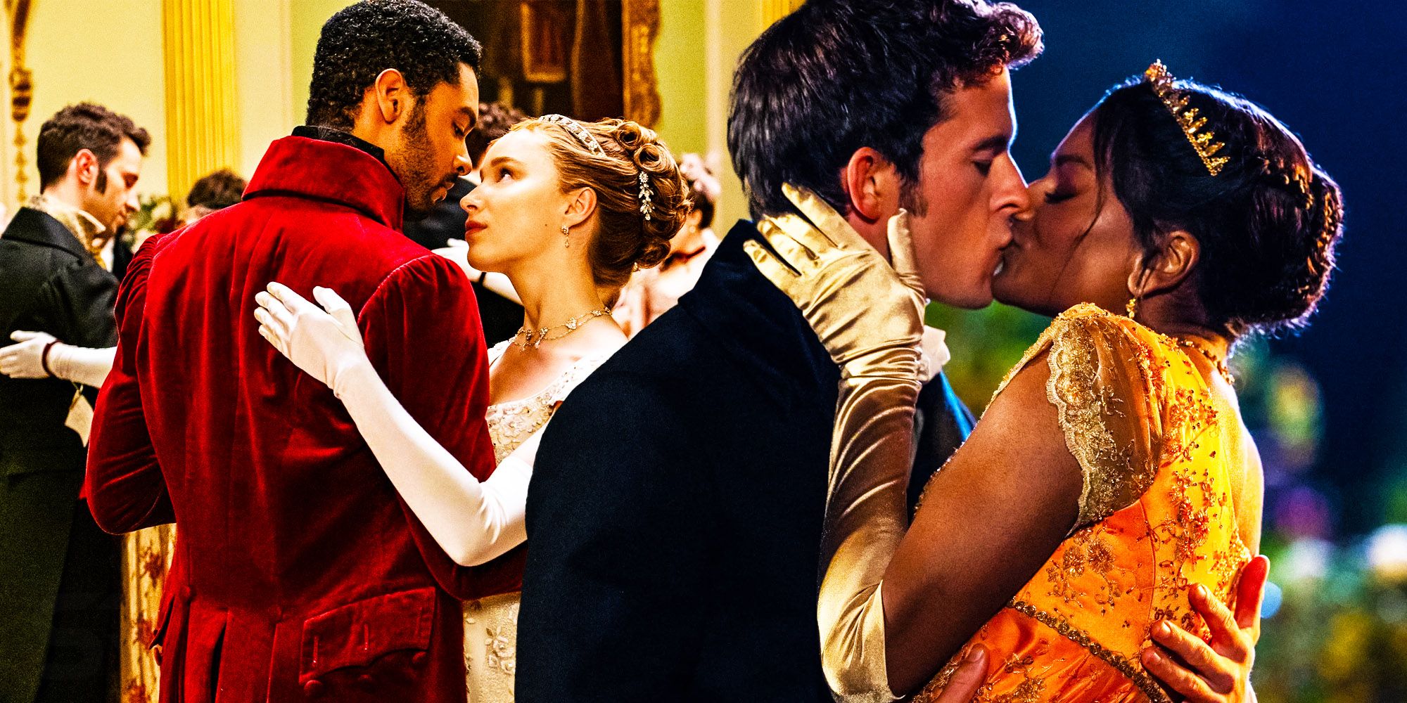 Collage of Simon and Daphne dancing and Anthony and Kate kissing in Bridgerton