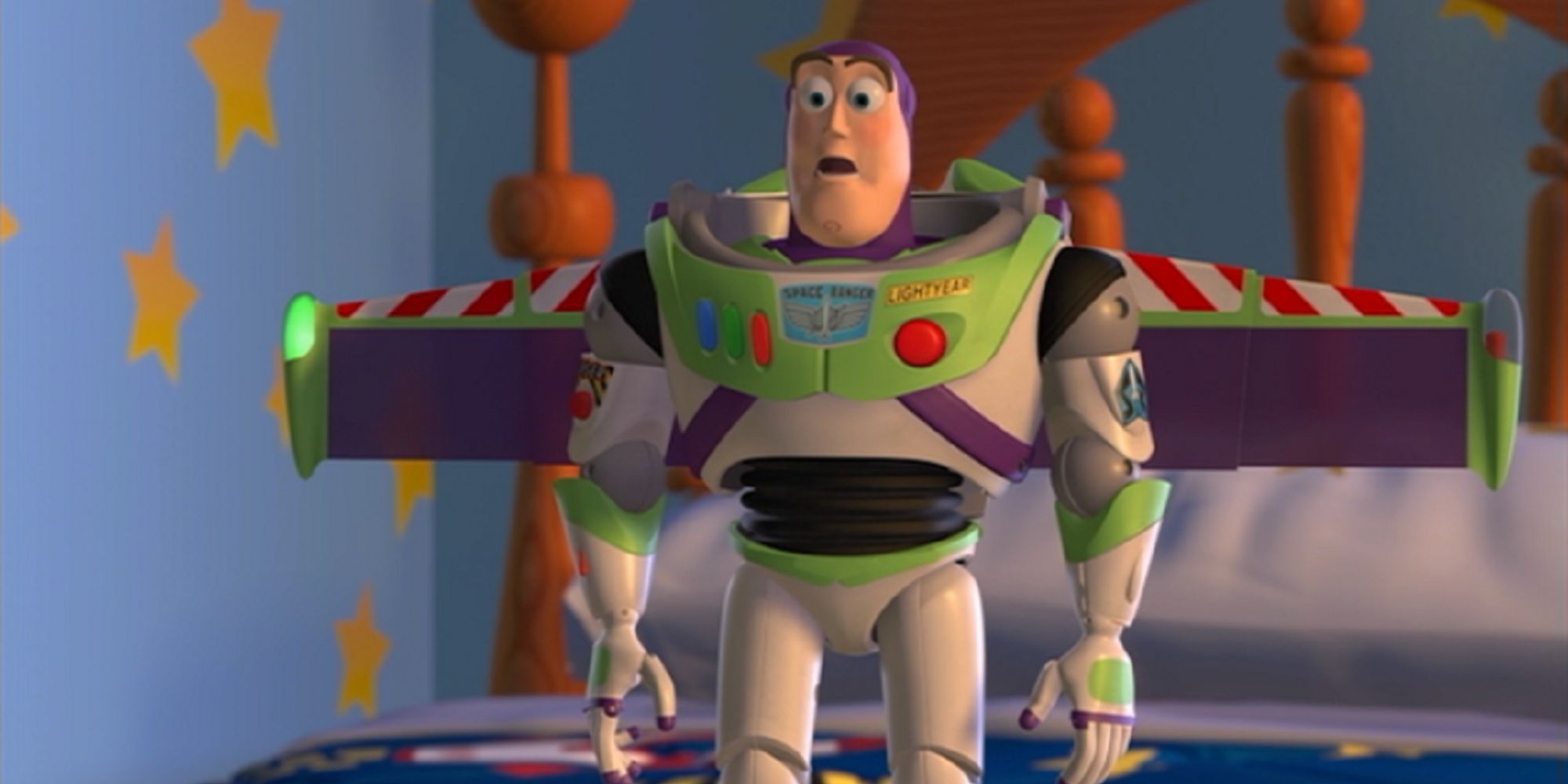 Buzz Lightyear looking shocked with his wings extended in Toy Story 2