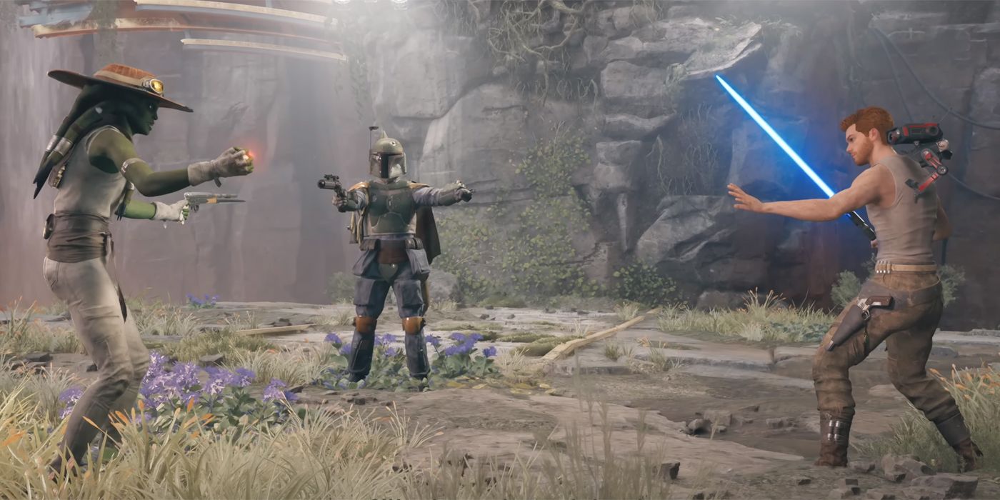 Caij, Boba Fett and Cal have a standoff in Jedi: Survivor