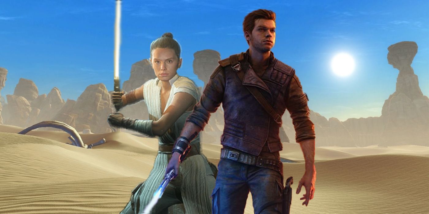 Cal Kestis (from Jedi: Survivor) and Rey (From Star Wars: Battlefront 2) pngs pasted on Tattooine