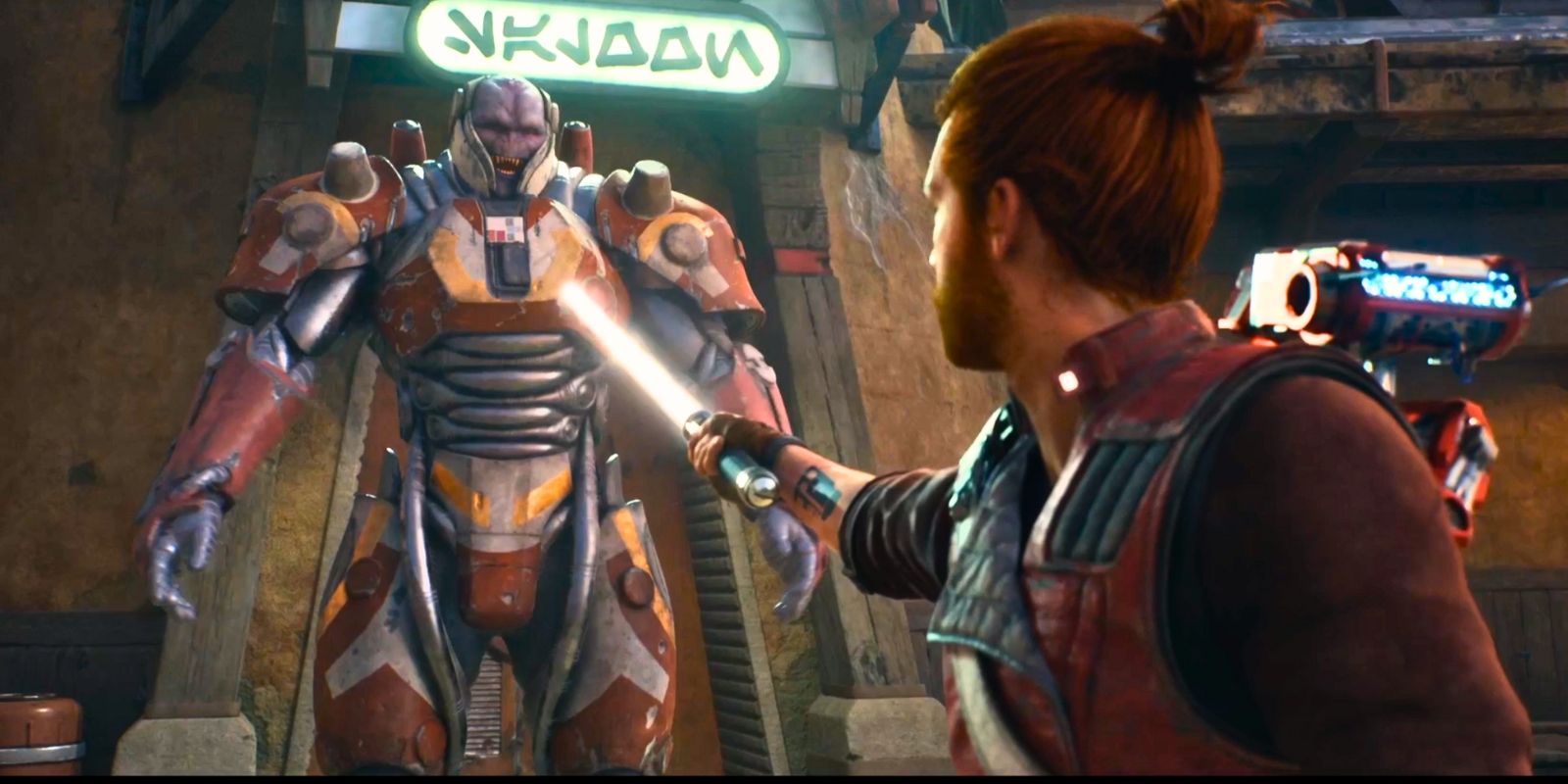 Cal holding his lightsaber up to Rayvis in Ramblers Reach Outpost on Koboh - Jedi Survivor