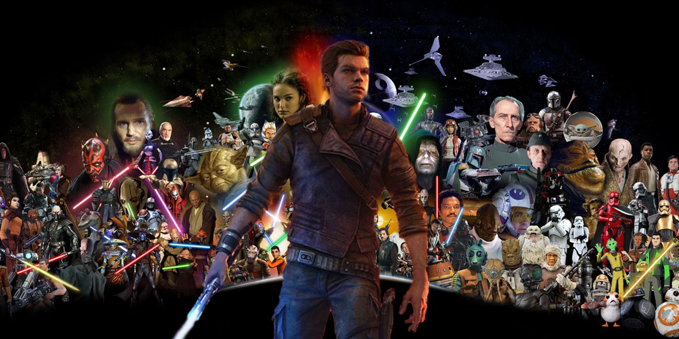 Cal Kestis dari Jedi Survivor berdiri di depan kolase karakter Star Wars dari berbagai film
