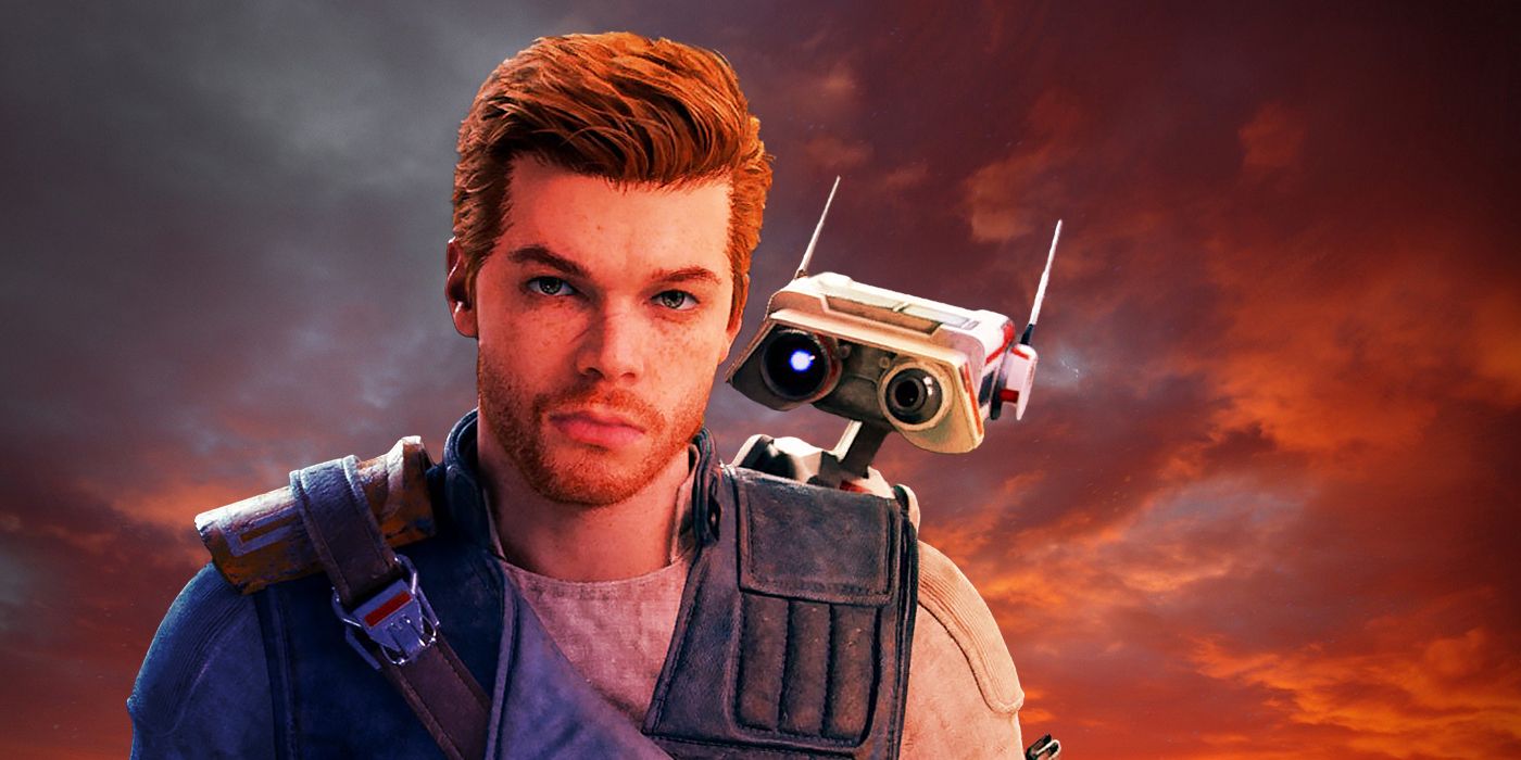 Cal Kestis de Star Wars Jedi Survivor, contra un cielo rojo con su fiel compañero droide.
