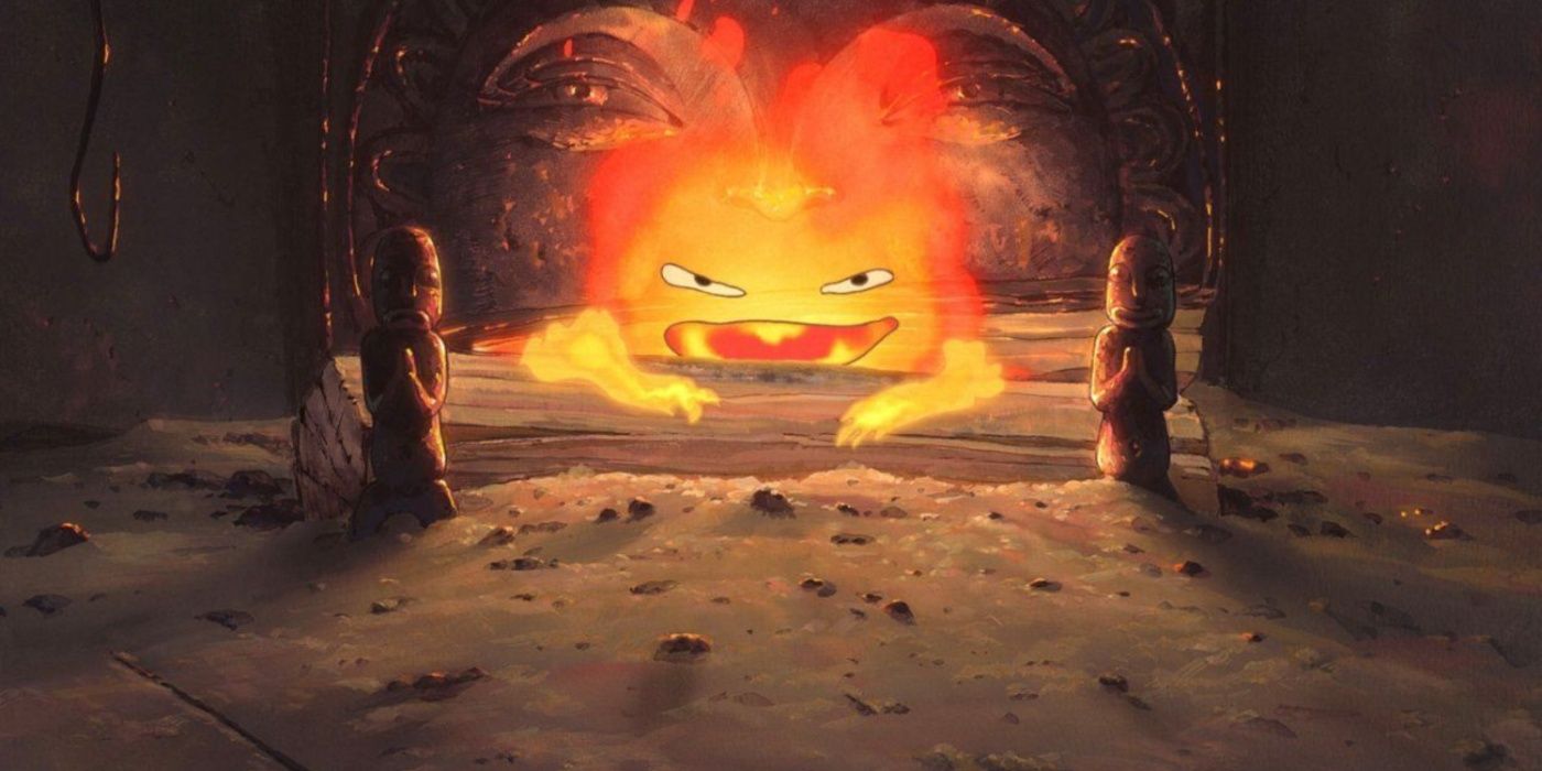 Calcifer with a comically grumpy expression in Howls Moving Castle