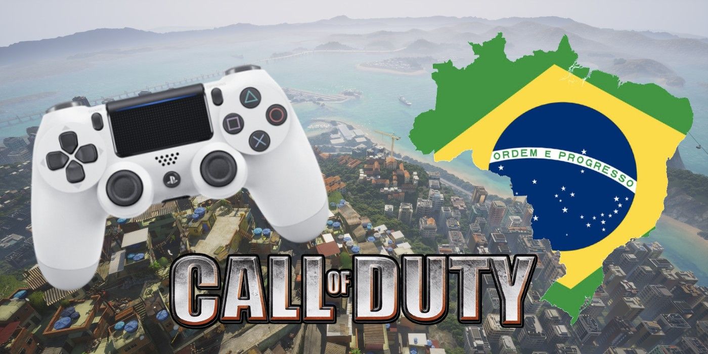 Call of Duty logo below Brazil's country outline and a PlayStation controller with a backdrop from Martial Arts Tycoon: Brazil.