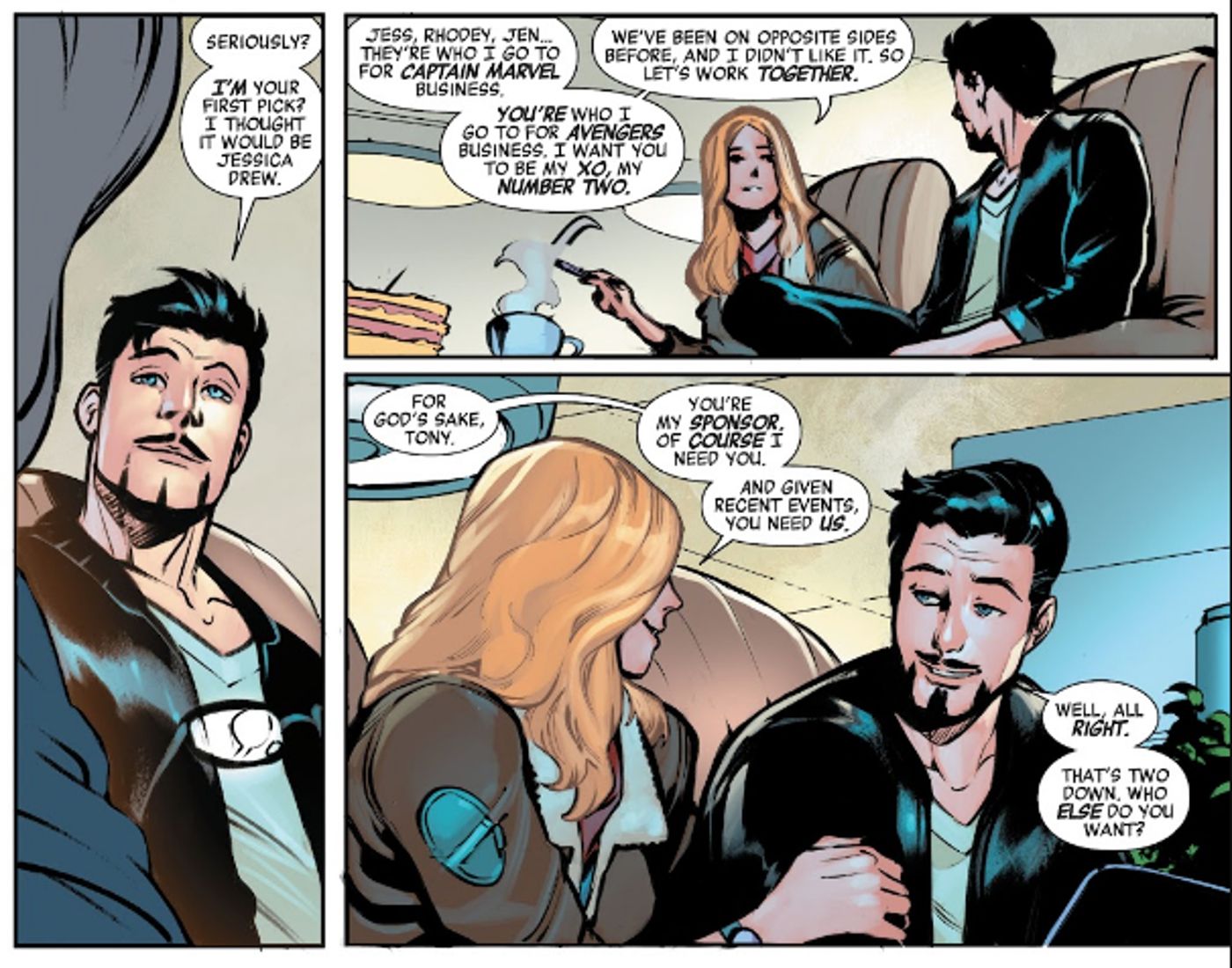 Carol Danvers explains to Tony Stark her choices for the new Avengers roster