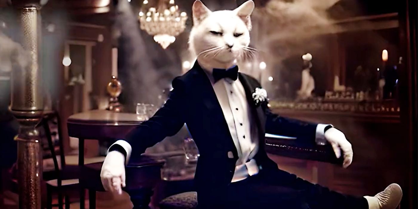 Cat wearing a suit in AI generated movie trailer
