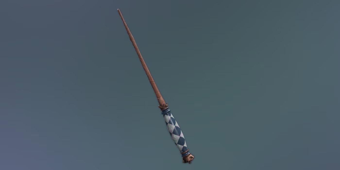 A render of a wand with a checkerboard blue wand handle in Hogwarts Legacy