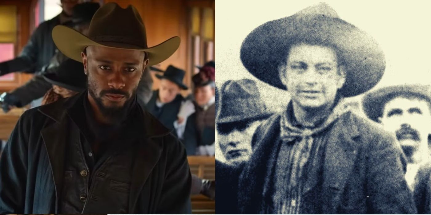 LaKeith Stanfield in The Harder They Fall and a photo of the rela Cherokee Bill