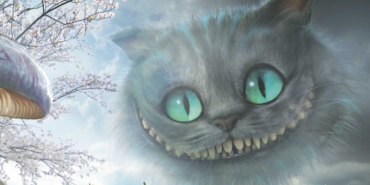 The Cheshire Cat's face and smile blend into the sky with branches of flowers off to the side.
