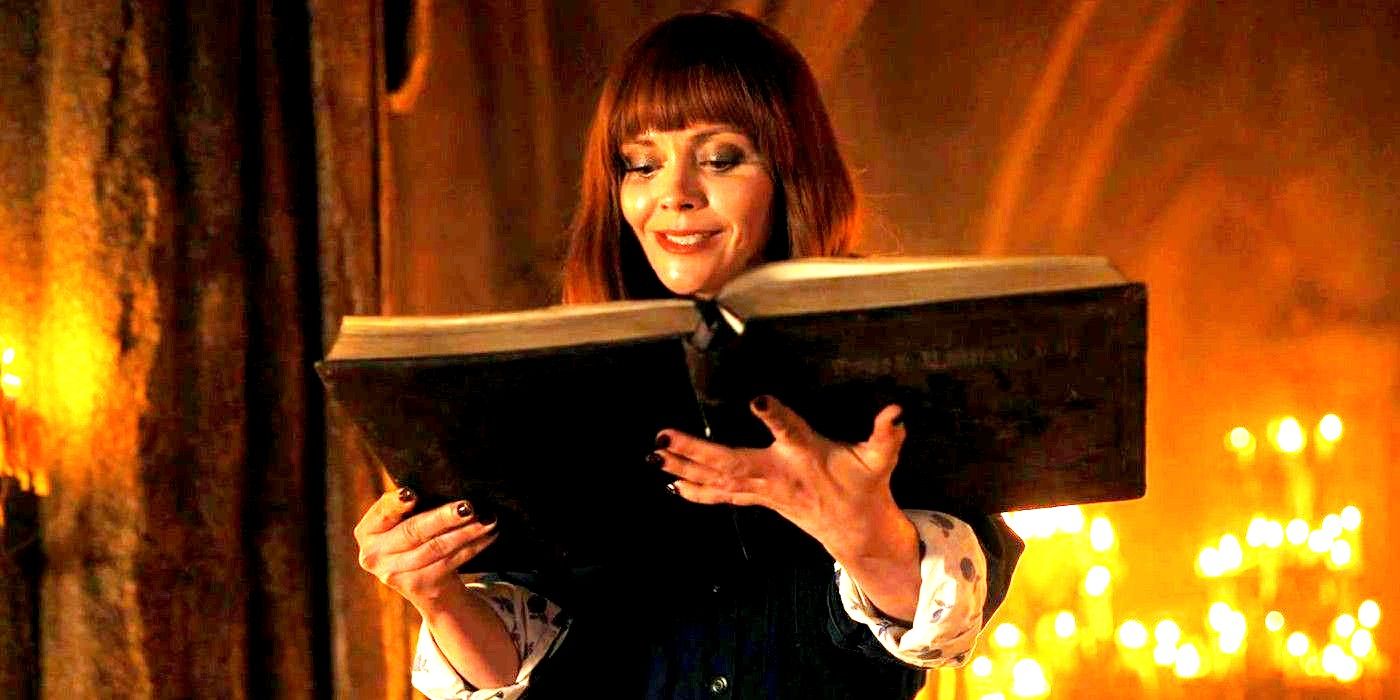 Christina Ricci as Marilyn Thornhill reading a book in Wednesday