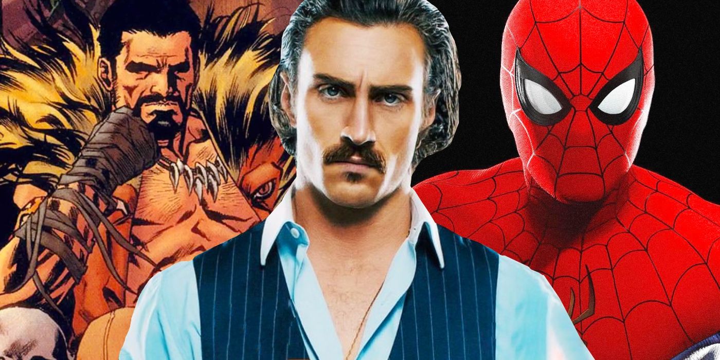 Collage Image With Aaron Taylor-Johnson, Kraven, and Spider-Man.