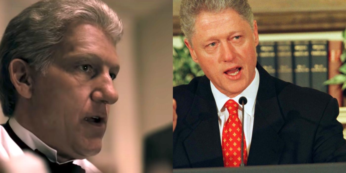 Split image of Clive Owen and Bill Clinton in American Crime Story Impeachment