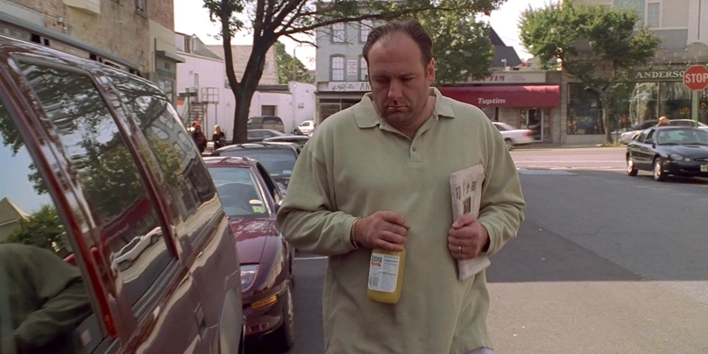 Tony walks across the street with orange juice in The Sopranos
