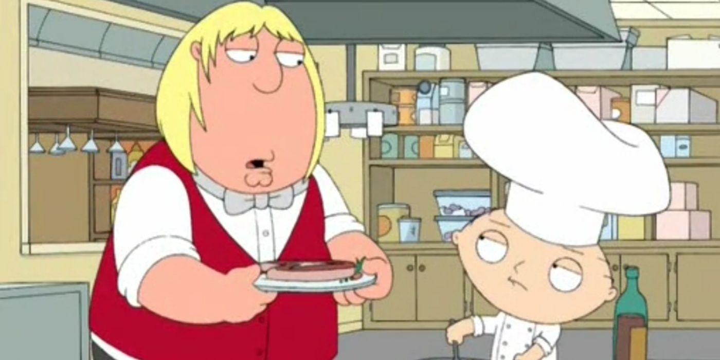 Stevie dressed as a chef and cooking food while Chris waits in Family Guy