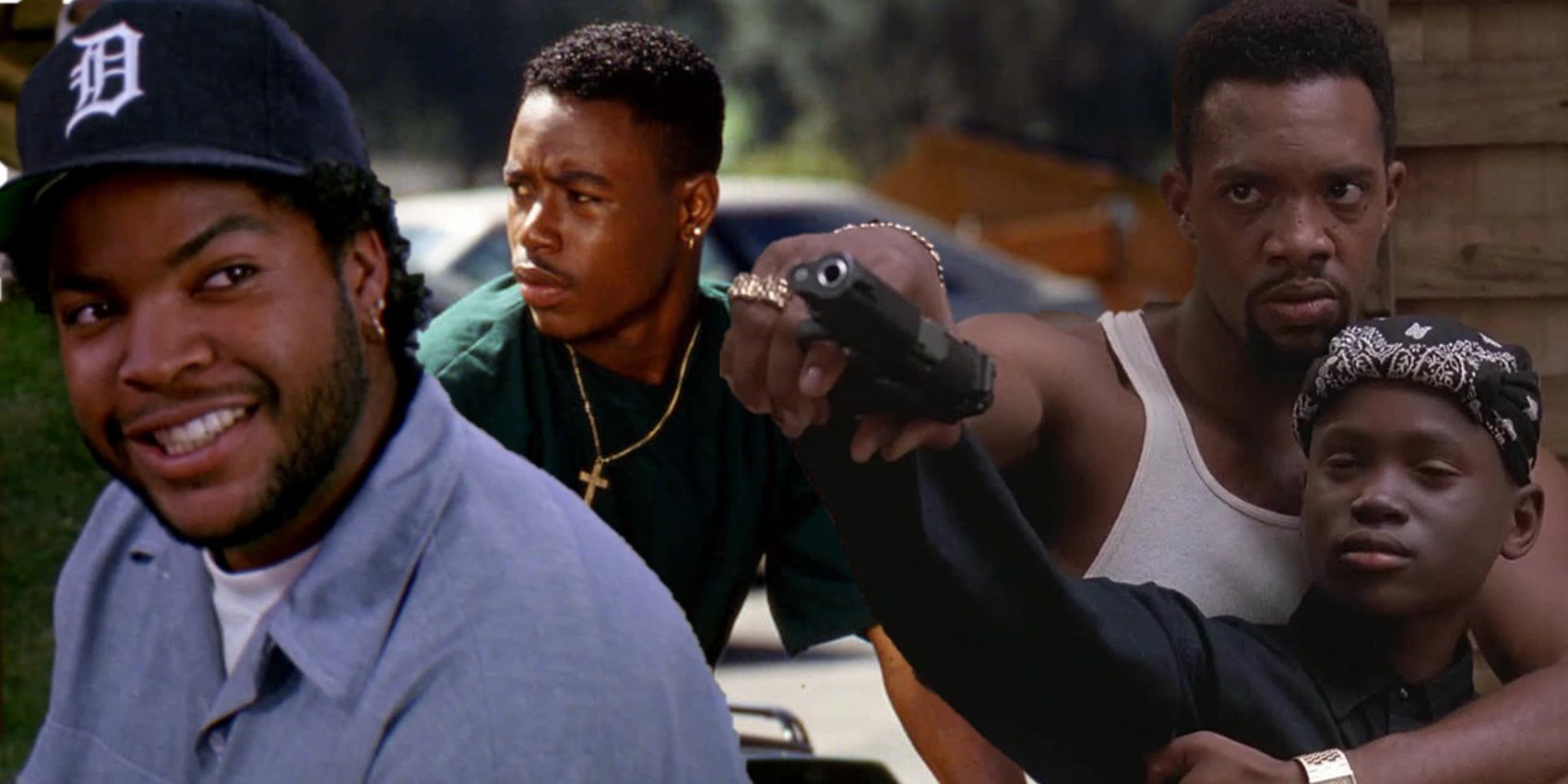 Collage of characters in Boyz n the Hood, Menace II Society, and South Central