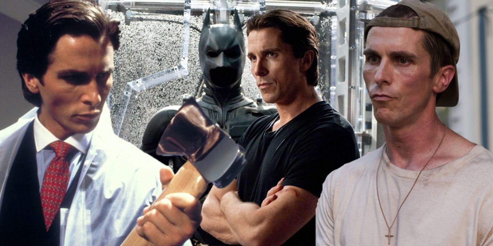 Collage of Christian Bale in American Psycho, The Dark Knight, and The Fighter