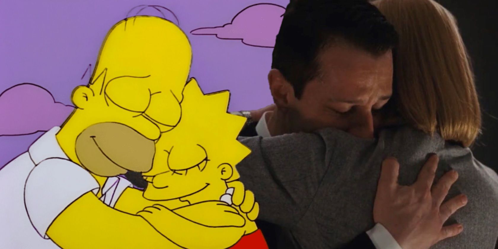 Collage of Homer hugging Lisa in The Simpsons and Kendall hugging Shiv in Succession