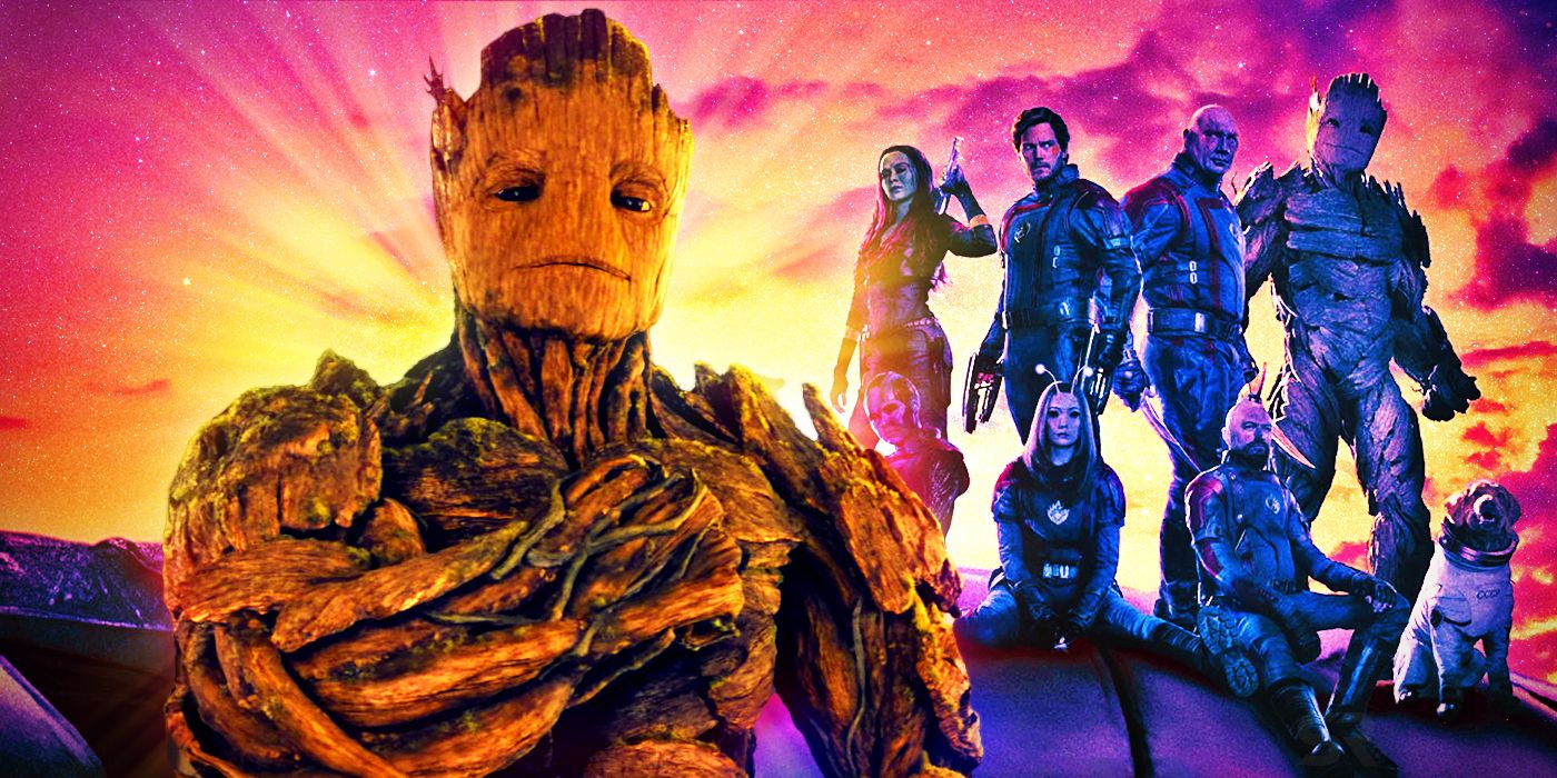 A composite of Groot and the Guardians of the Galaxy team from Volume 3