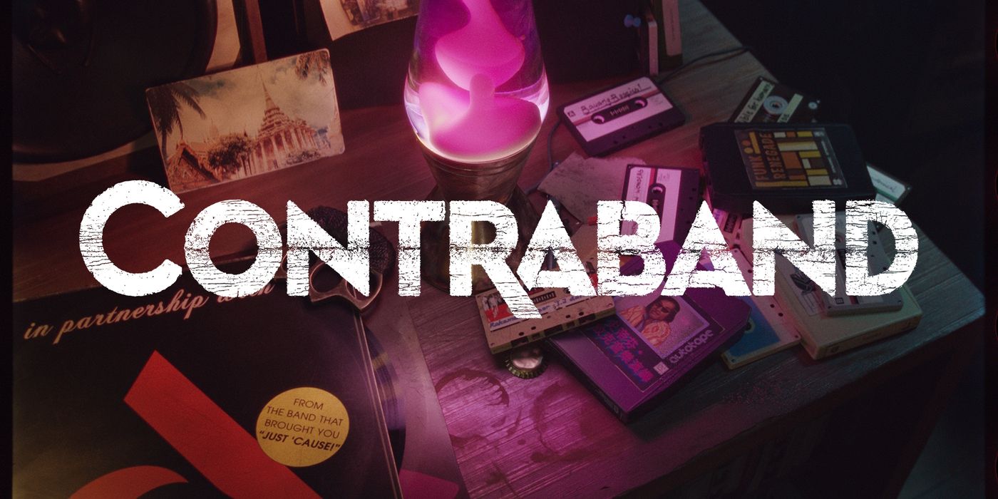 Contraband Game logo over a table of cassette tapes and a lava lamp
