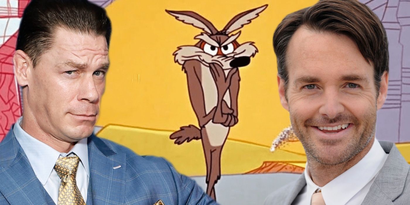 A composite image of Will Forte and John Cena with Wile E. Coyote from Looney Tunes