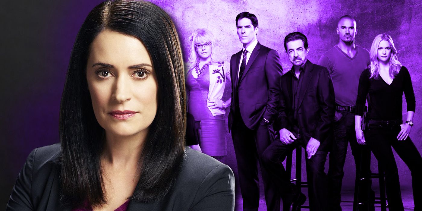 A blended image features Emily Prentiss from Criminal Minds in the foreground with additional purple tinted Criminal Minds cast members in the background