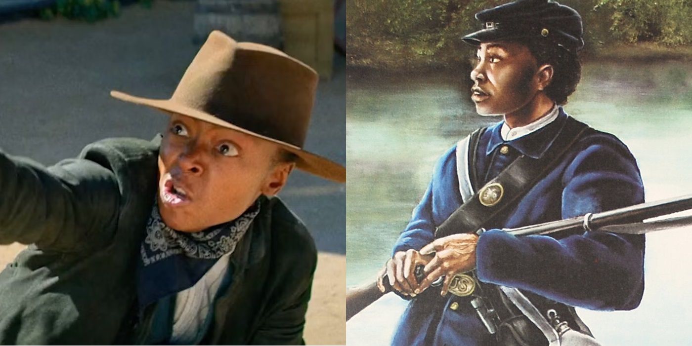 Danielle Deadwyler as Cuffee and a painting of Cathay Williams