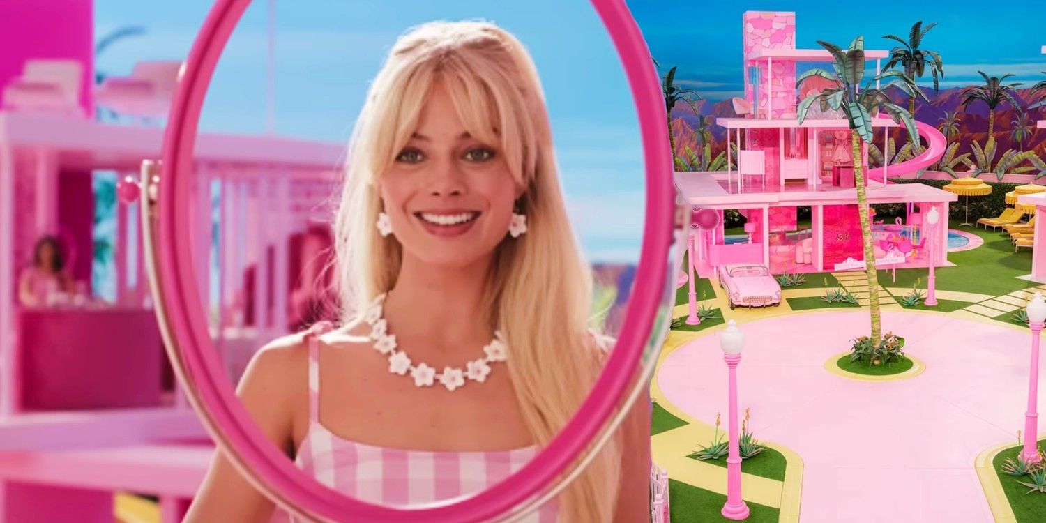 Custom image of Margot Robbie as Barbie looking through a mirror and the Barbie movie house sets