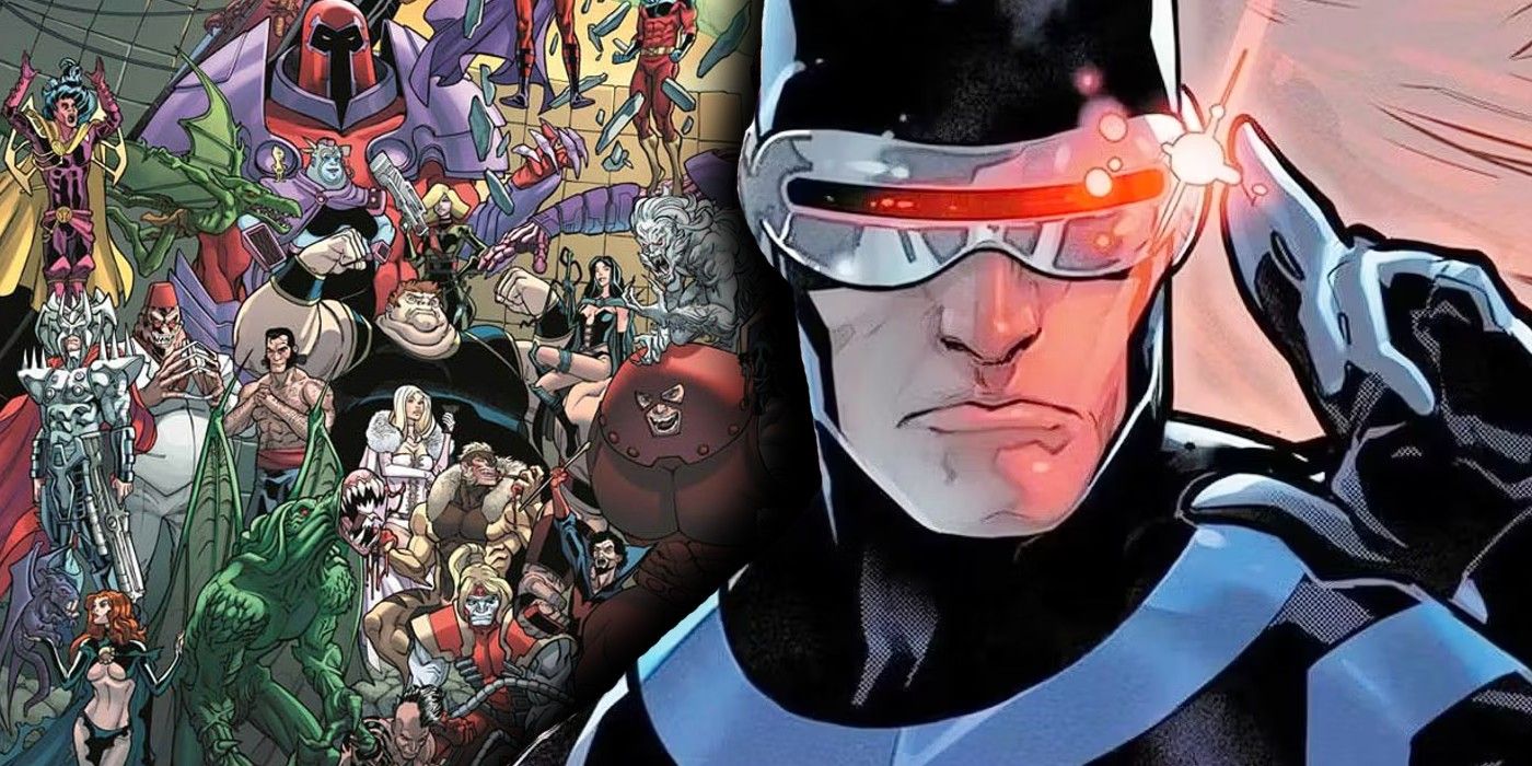 Cyclops (foreground) with a collage of different X-Men villains in the background