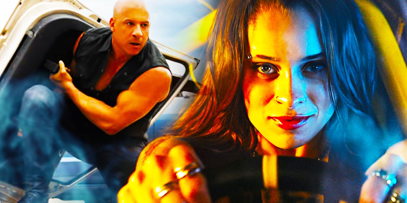 Vin Diesel behind a car door Daniela Melchior driving in Fast X