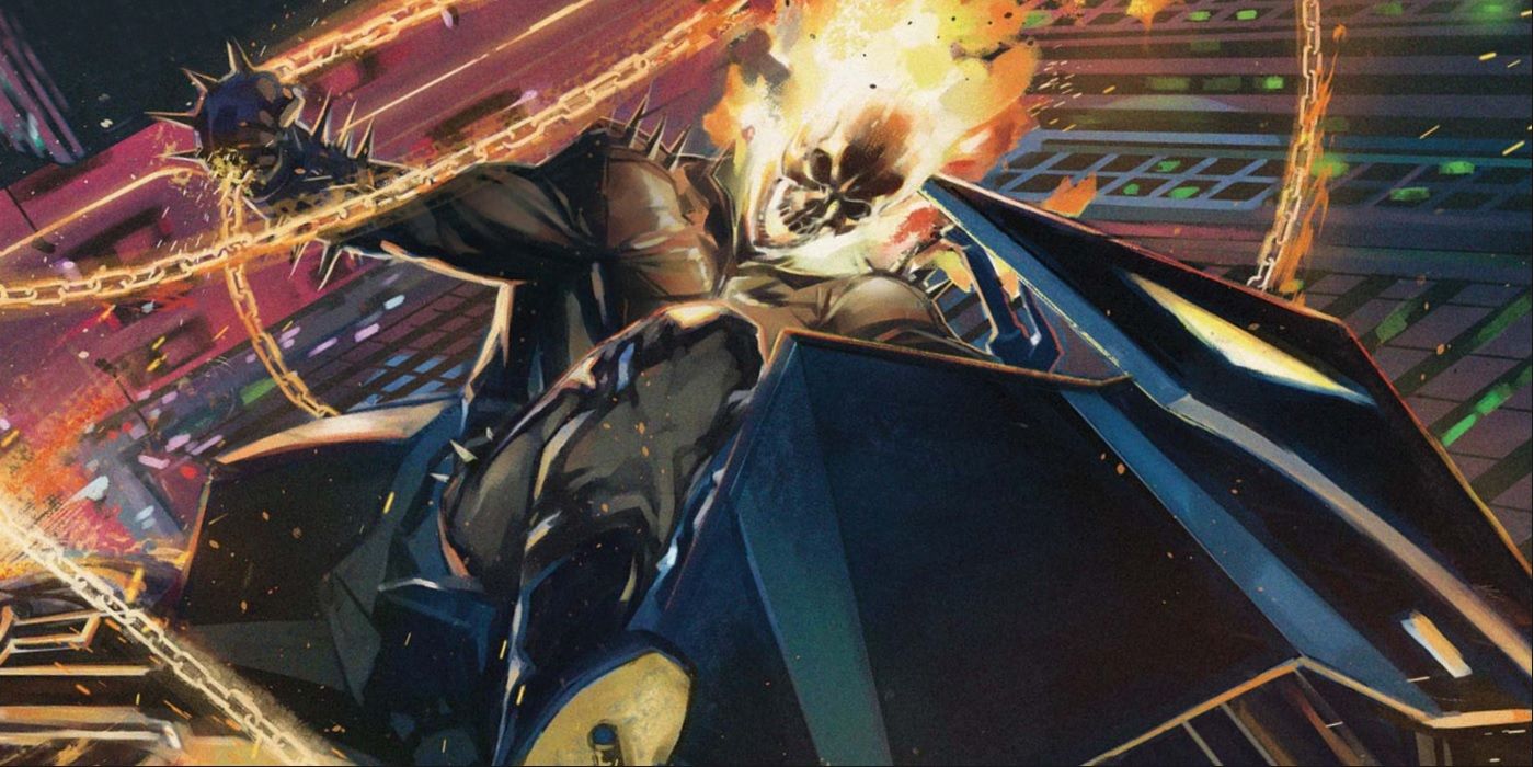 Danny Ketch as Ghost Rider, riding his motorcycle and brandishing flaming chains.