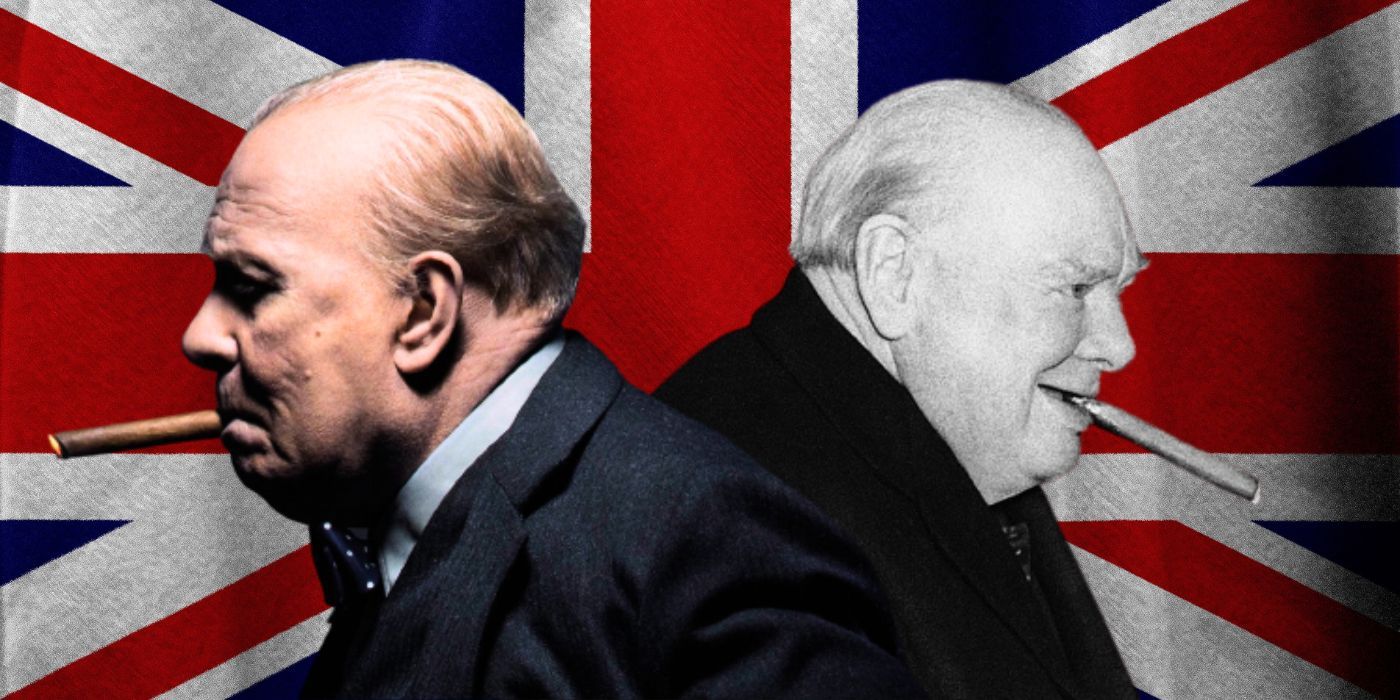 Collage of Gary Oldman in The Darkest Hour and Winston Churchill with a Union Jack in the background