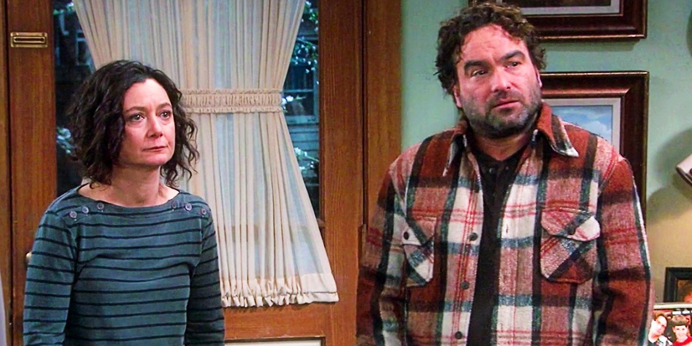 Sara Gilbert and Johnny Galecki as Darlene and David looking sad in The Conners