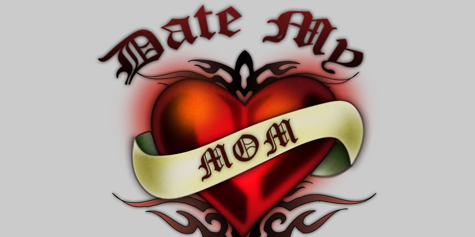 Titre de l'émission télévisée Date My Mom avec le logo du cœur dans le style de tatouage