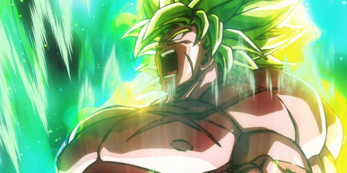 Dragon Ball Super's Broly charges power with a yellow green aura surrounding him.
