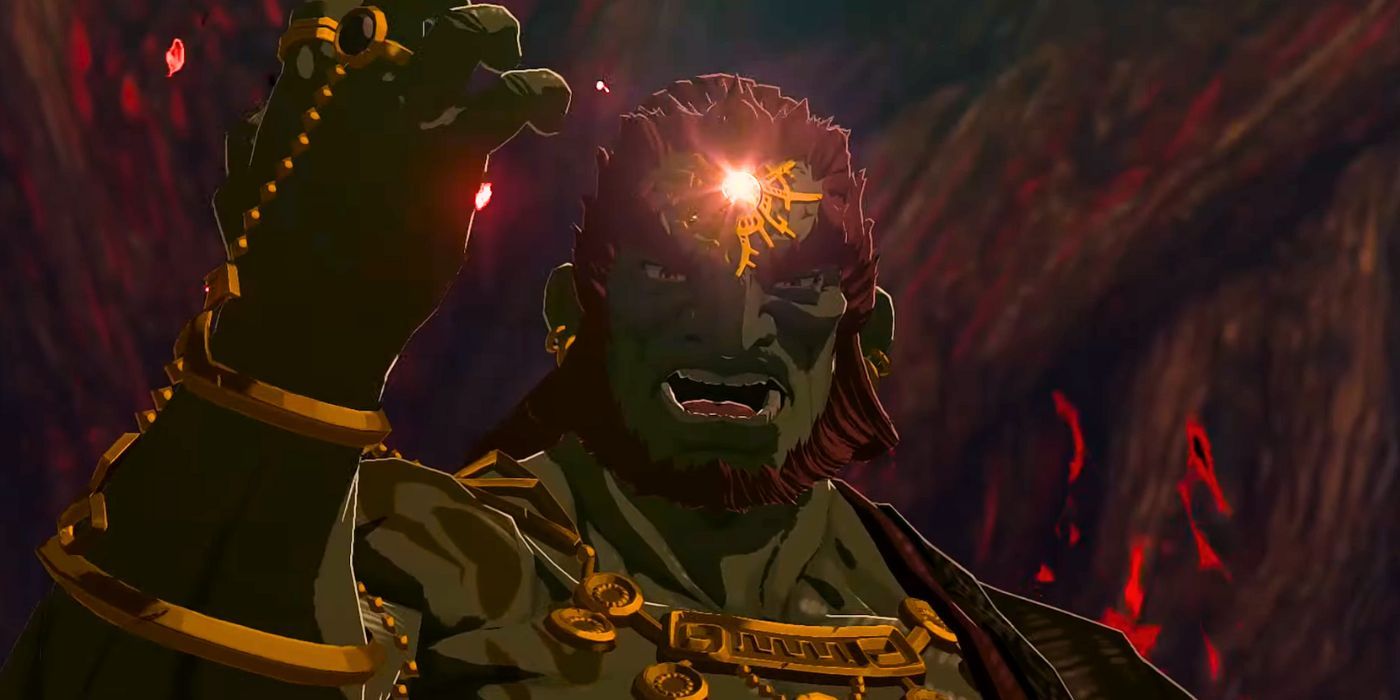 Demon King Ganondorf holding up his hand in a fist as a tear in his forehead emits a glowing light in Zelda: Tears of the Kingdom.