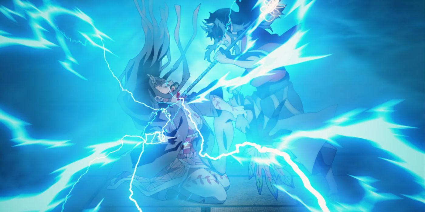 Demon Slayer: Nezuko pierced by the staff and shocked by lightning.