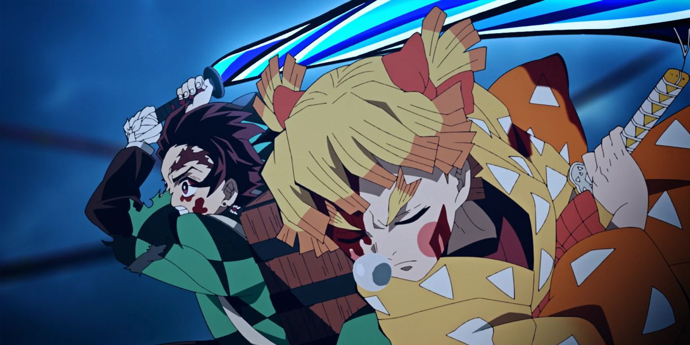 Demon Slayer's Zenitsu attacking with his eyes closed, relying on his hearing